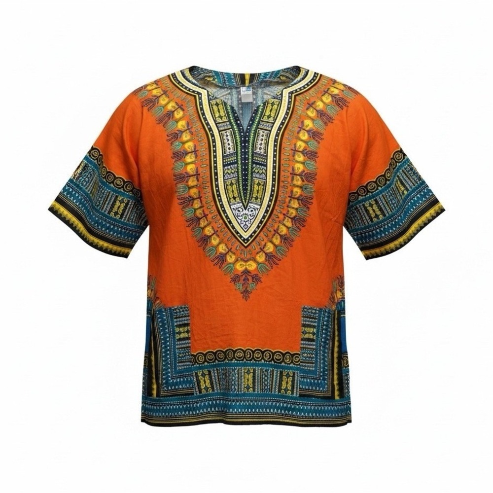 Vintage Mama & Papa Dashiki Shirt L Orange African Print Boho Hippie Cotton
